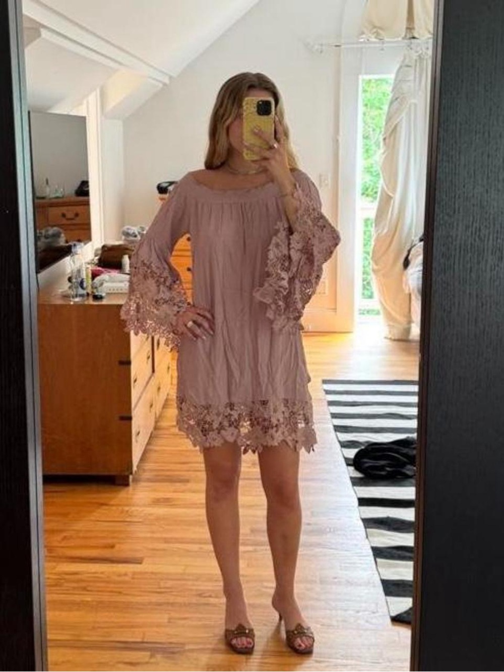 Boho Off-Shoulder Lace-Trim Mini Dress in Dusty Rose